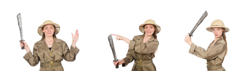 Woman wearing safari hat on white