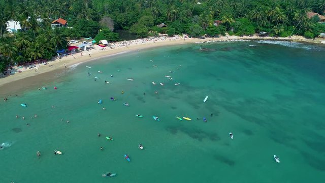 Aerial. Surf beach Hiriketiya, Dikwella, Sri Lanka. 