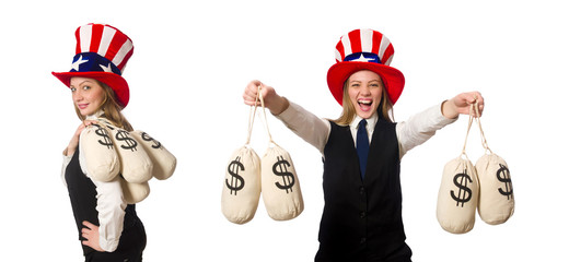 Woman with money sacks isolated on white