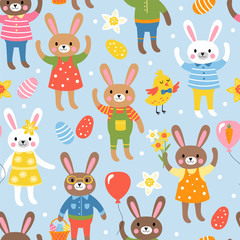 Seamless pattern for Easter with cute bunny characters.