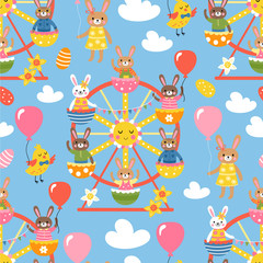 Seamless pattern for Easter with cute bunny characters on ferris wheel.