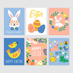 Easter holiday cute greeting cards set with bunny, flowers and Easter eggs.