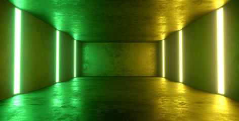 Empty high detailed concrete room with light stripes and reflections. 3D illustration. 