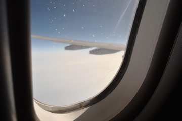 snowflake on plane window frame height in sky