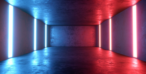 Empty high detailed concrete room with light stripes and reflections. 3D illustration. 