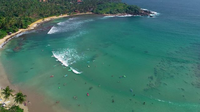 Aerial. Surf beach Hiriketiya, Dikwella, Sri Lanka. 