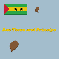 3d Map outline and flag of Sao Tome and Principe, A horizontal of green yellow and green with a red triangle and two black stars.