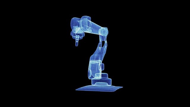 The hologram of a modern robo hand. 3D animation of Automatic robot industrial production on a black background with a seamless loop