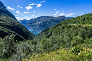 Fototapeta na wymiar Geirangerfjord viewpoint on the road from Eidsdal, Sunnmore, More og Romsdal, Norway