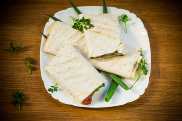 roll of pita with lettuce leaves, greens and sausage in a plate