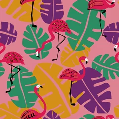 Deurstickers Jungle  kinderkamer Tropisch Naadloos Patroon Met Flamingo.