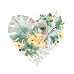 Watercolor Green illustration.1 arrangement with succulents,palm leaves,branches,yellow flowers and more.Perfect for wedding,quotes,Birthday and invitation cards,print,blog,bridal cards,Valentines day