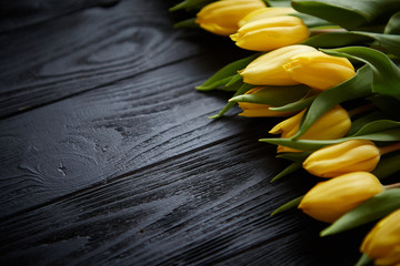Composition of fresh yellow tulips placed in row on black rustic wooden table