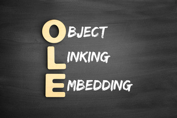 Wooden alphabets building the word OLE - Object Linking and Embedding acronym on blackboard