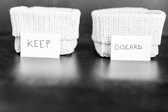 storage baskets to divide items to keep from those to declutter or donate