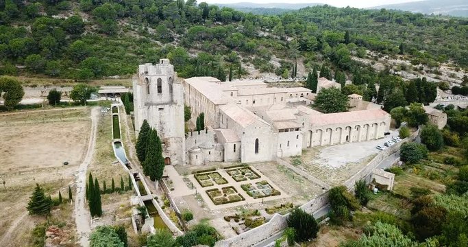 Aerial view  of Castle of Abbey Sainte-Marie d'Orbieu in Lagrasse,  France