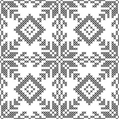 Fototapeta premium Cross stitch. Black and white seamless pattern. Embroidery, knitting. Abstract geometric background. Ethnic ornaments.