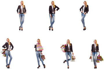 Fototapeta premium Beautiful woman with shopping bags isolated on white