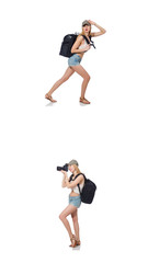 Beautiful woman in shorts with backpack and camera 