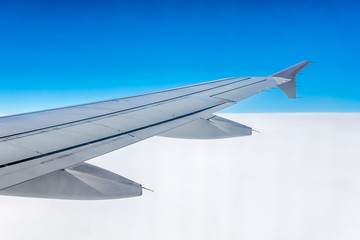 Window view of the wing of an airplane