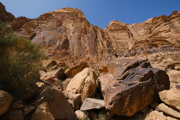 Fototapeta na wymiar Red rocky landscape of Wadi Rum desert in Jordan