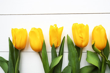 Beautiful yellow tulips on wooden white background, space for text
