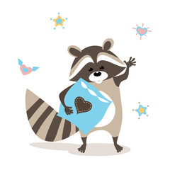 Baby raccoon waving goodbye, standing with pillow, hearts and stars