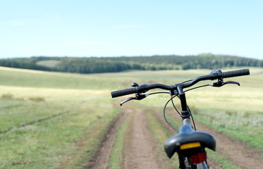 Fototapeta na wymiar Parked Bike and Road in Nature Forest Rural Background