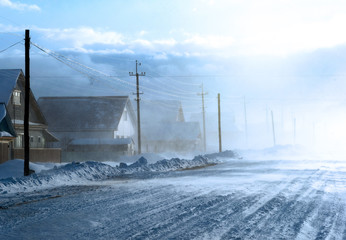 Winter Storm and Snow in Rural Village Street