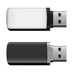 Vector isolated USB pen drives, black and white flash drives on transparent background