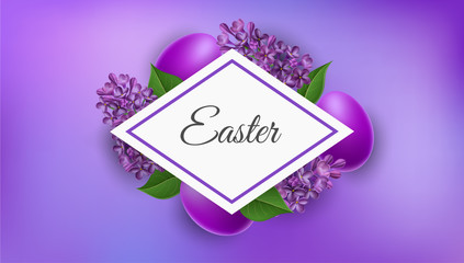 Purple horizontal banner background with geometric rhombus frame, purple Easter eggs and lilac flower. Vector illustration for spring design, Easter background, sale or greeting