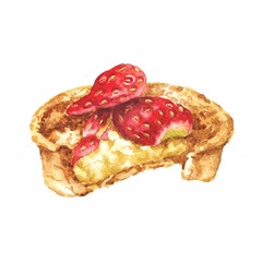 Hand drawn watercolor dessert with strawberry isolated on white background. Delicious food illustration.