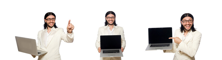 Young man with laptop isolated on white