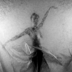 Graceful attitude of a naked dancer behind a transparent texture.