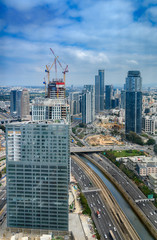 Aerial view of Ayalon highway and new  skyscrapers of Tel Aviv, Israel.
