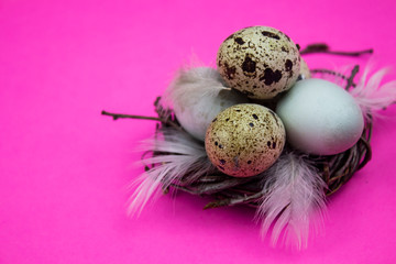 Easter eggs. Happy easter card. Multi-colored Easter eggs. Easter. Easter eggs on a white wooden...