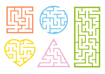 A set of mazes. Cartoon style. Visual worksheets. Activity page. Game for kids. Puzzle for children. Maze conundrum. Color vector illustration.