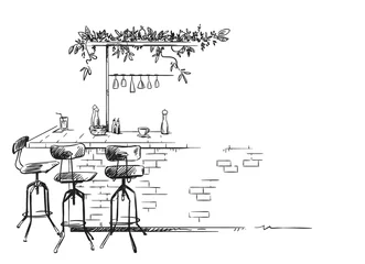 Foto op Plexiglas Kroeg bar interieur schets, bar stand vector tekening