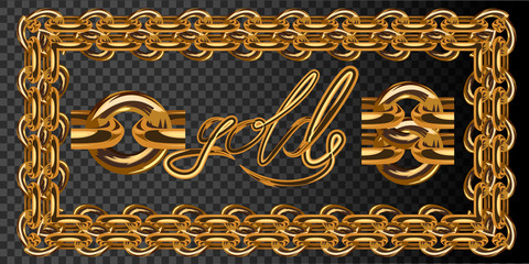 Set of realistic vector golden chains. Gold chains, a set of chains of yellow and red gold, gold products, chains with different types of interlocking links. Jewelry to wear. Realistic illustration