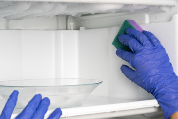 The girl washes the freezer. Cleaning the refrigerator.