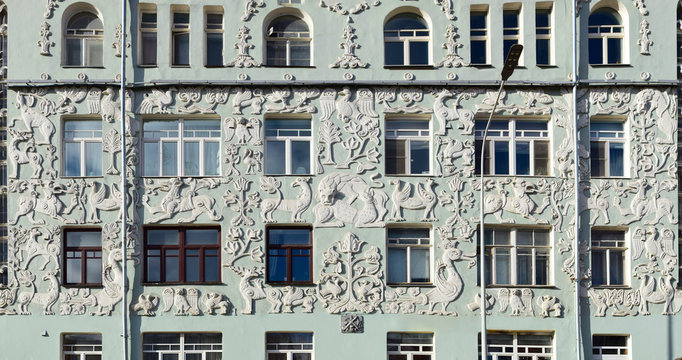 Reliefs of fantastic animals, birds and plants, are made by the artistic artel "Murava" according to sketches by artist S.I. Vashkov in 1909. Russia, Moscow, March 2019
