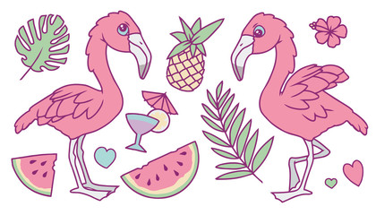 Fototapeta premium Cute vector set with pastel colored cartoon style exotic collection of Flamingo birds with melon, pineapple, palm leaf, cocktail, flower and hearts