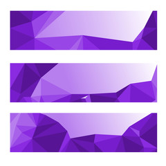 Set of three modern banners with polygonal background. Vector illustration composed of triangles. Purple colors.