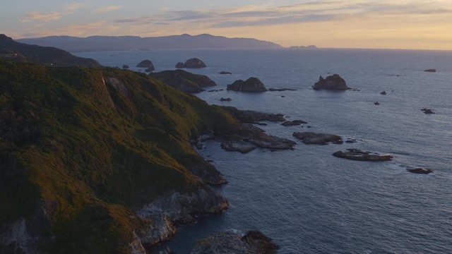 aerial view with drone of the pacific ocean coast of Chilo&eacute; Island