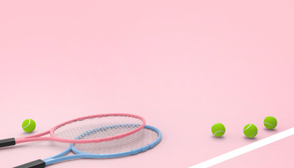 New Tennis Racket Sports on pink background and Summer- holidays - 3d rendering