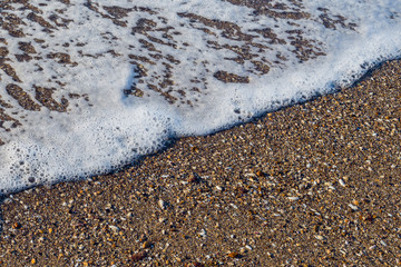 Seashore of shellstone with a coastal foamy wave