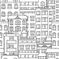 Vector seamless black and white pattern with hand drawn doodle houses.