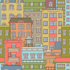 Vector seamless color pattern with doodle houses.