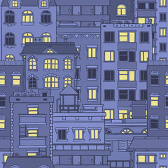 Vector seamless color pattern with doodle houses in nighttime