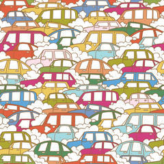 Vector hand drawn seamless pattern with cars in traffic jam.
